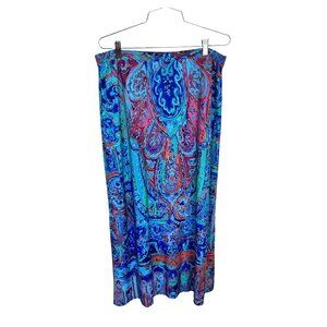 Chicos Womens Maxi Skirt 2 Large Blue Slinky Travel 12 Paisley Boho Artsy
